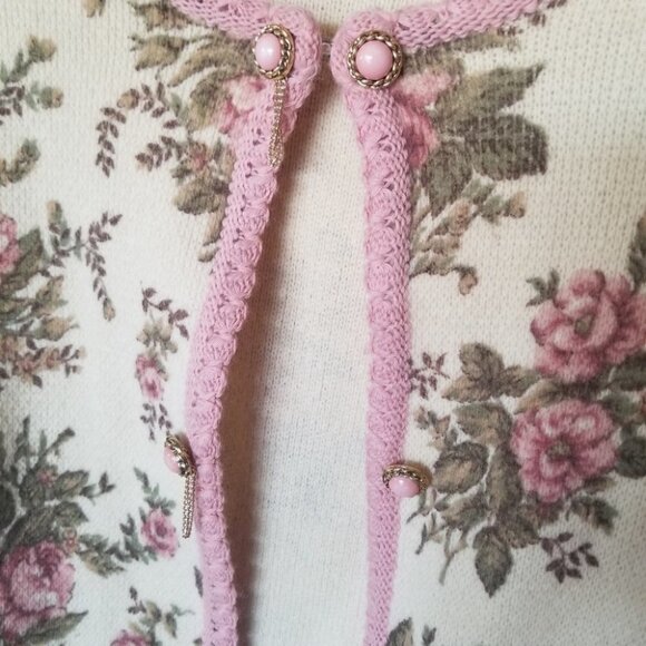 VINTAGE sieger wool granny cardigan sweater roses pink - Picture 12 of 14